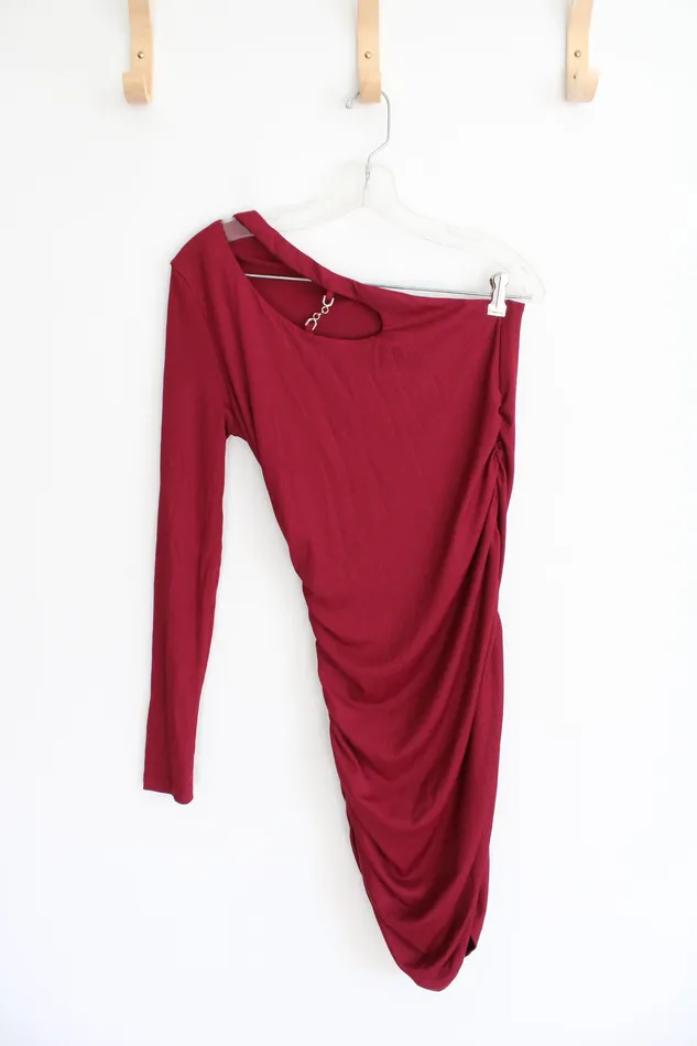 BTFBM NEW BTFBM Red Ribbed Ruche One Sleeve Bodycon Dress M Earrings
