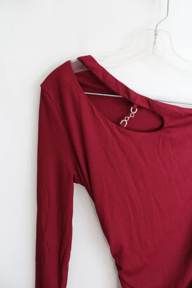 BTFBM NEW BTFBM Red Ribbed Ruche One Sleeve Bodycon Dress M Earrings