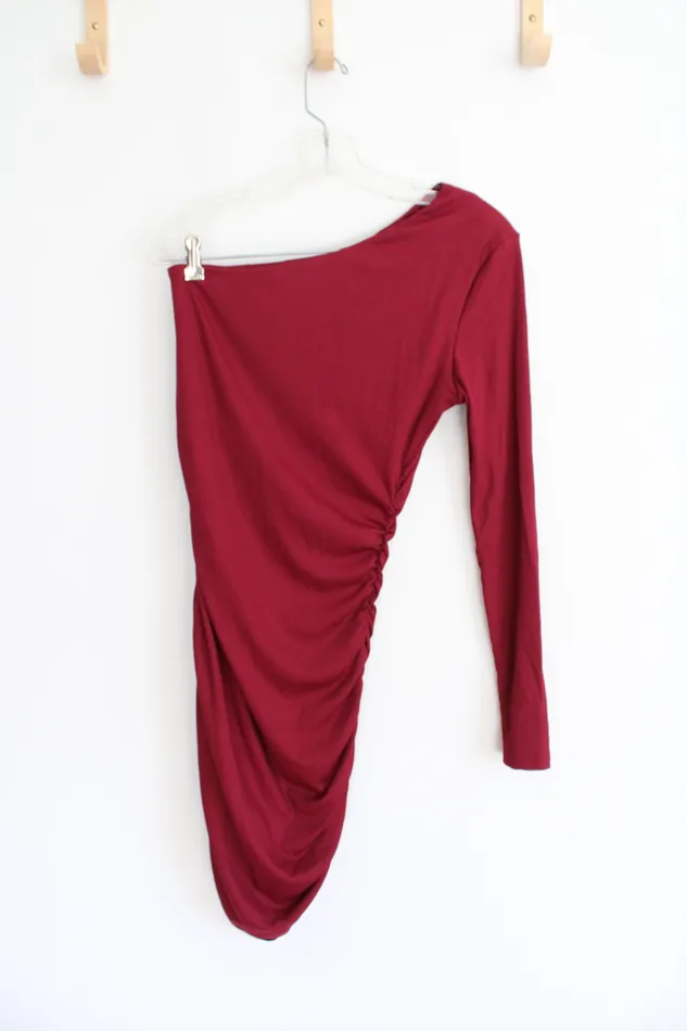 BTFBM NEW BTFBM Red Ribbed Ruche One Sleeve Bodycon Dress M Earrings