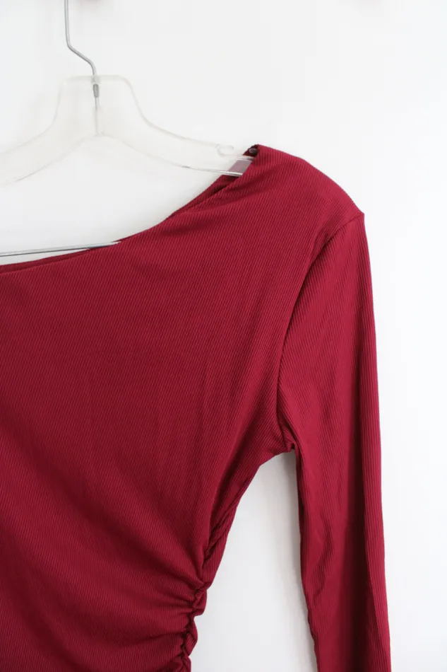BTFBM NEW BTFBM Red Ribbed Ruche One Sleeve Bodycon Dress M Earrings