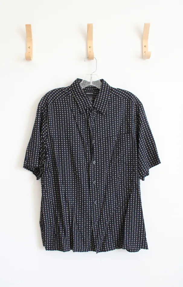Claiborne Navy Tan Patterned Button Down Rayon Shirt L Claiborne Earrings