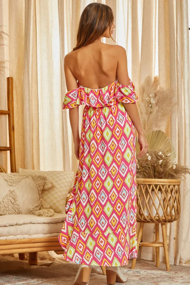 Earrings ANDREE BY UNIT OFF THE SHOULDER PRINTED DRESS HOT PINK