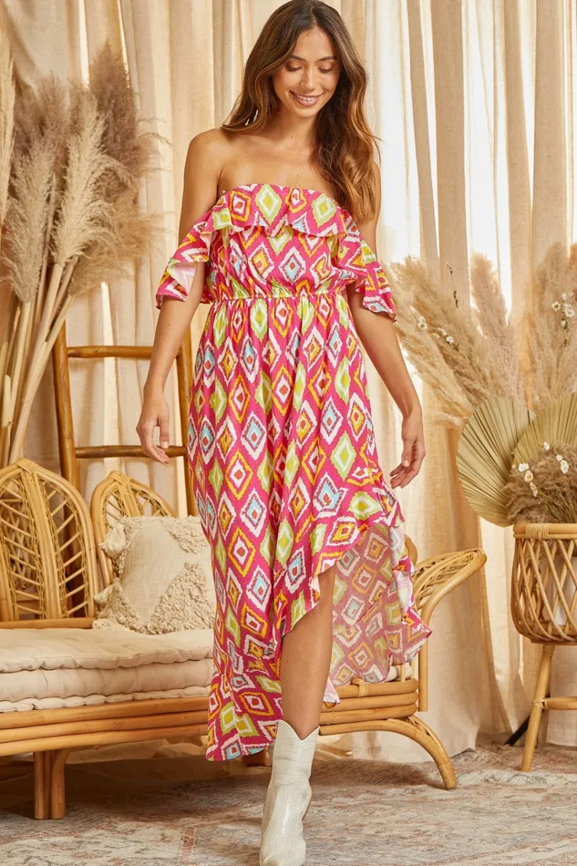 Earrings ANDREE BY UNIT OFF THE SHOULDER PRINTED DRESS HOT PINK
