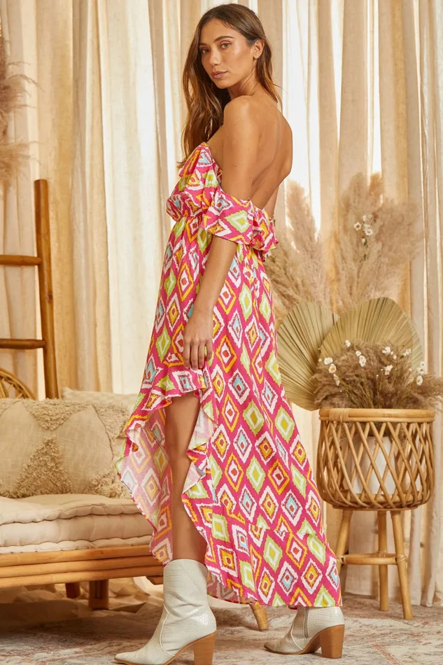 Earrings ANDREE BY UNIT OFF THE SHOULDER PRINTED DRESS HOT PINK