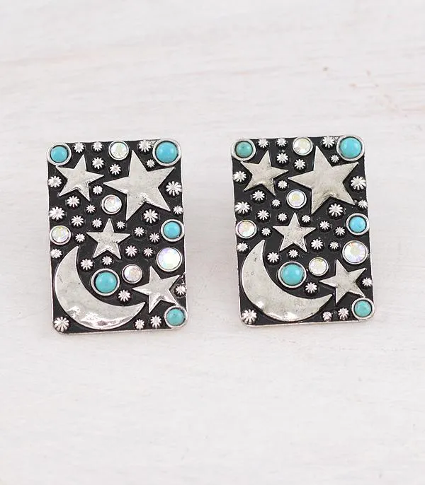 Earrings YKT WESTERN RHINESTONE STAR AND MOON POST BACK EARRINGS