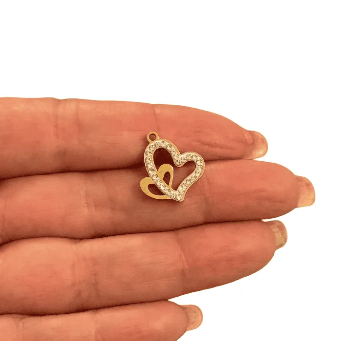 Peppy Beads Earrings Waterproof Stainless Steel CZ Double Heart Charm in Gold Peppy Beads Earrings Waterproof Stainless Steel CZ Double Heart Charm in Gold