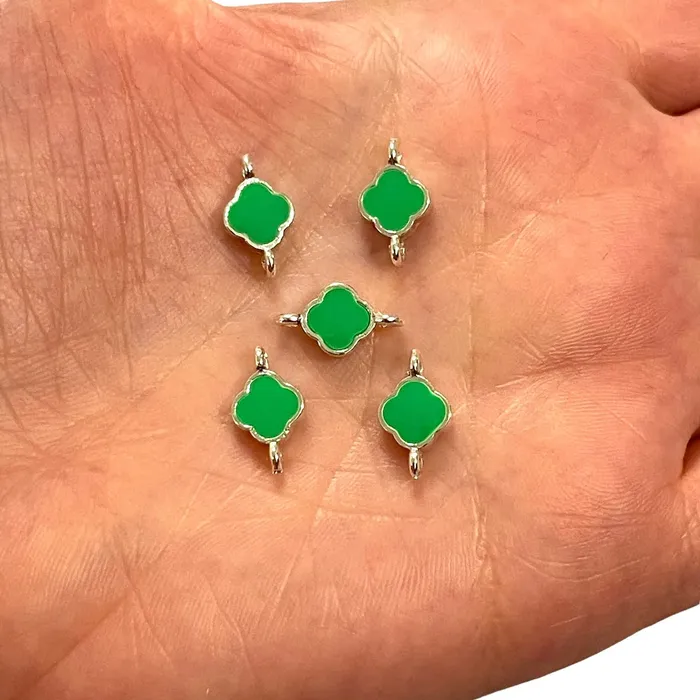 Peppy Beads Rings Silver Plated Neon Green Enamelled Clover Connector Charms