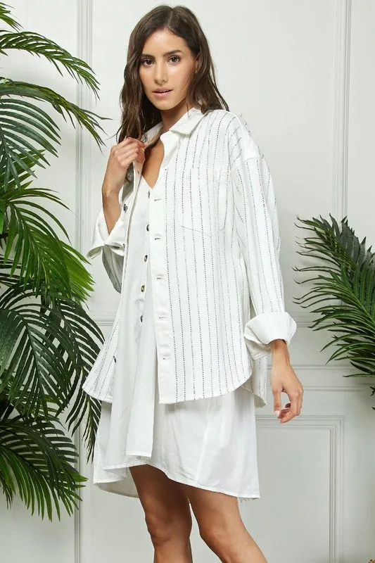 Rings VEVERET STRIPE RHINESTONE EXTRA LONG SLEEVE WHITE JACKET