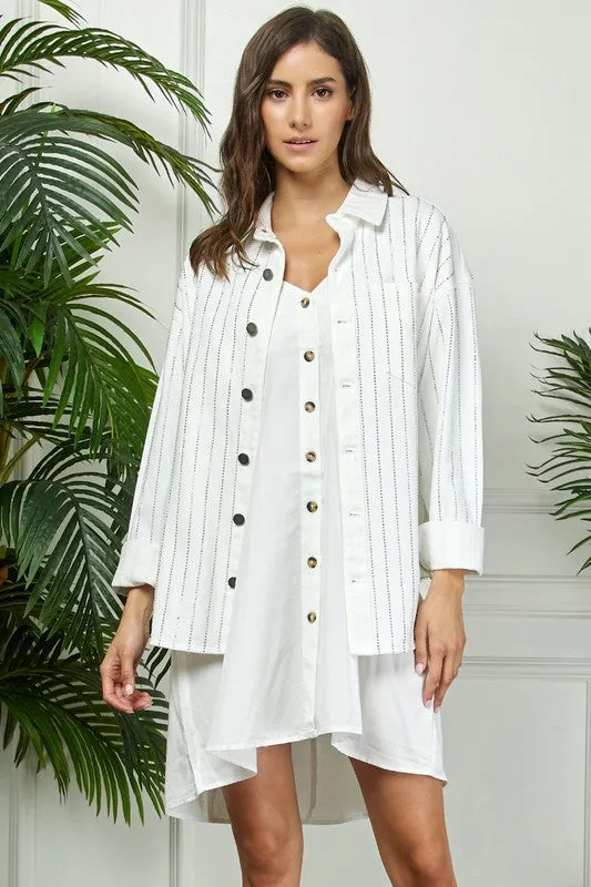 Rings VEVERET STRIPE RHINESTONE EXTRA LONG SLEEVE WHITE JACKET
