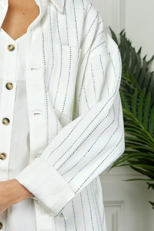 Rings VEVERET STRIPE RHINESTONE EXTRA LONG SLEEVE WHITE JACKET