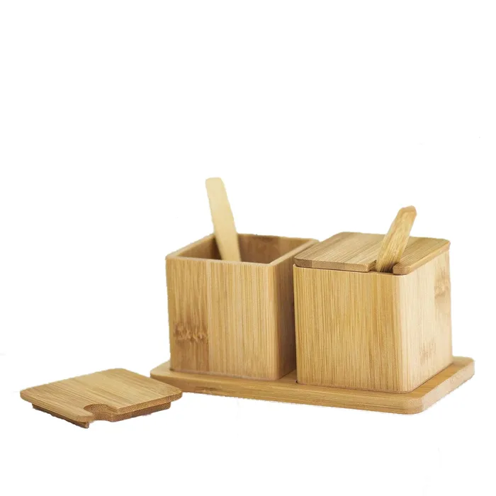 TOTALLYBAMBOO Necklaces Bamboo Double Dipper Salt Boxes with Spoons