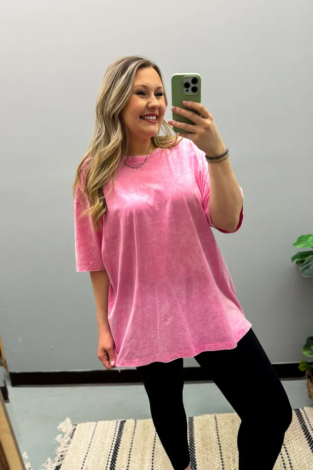 What You Are Oversized Acid Wash Top Candy Pink Zenana Necklaces