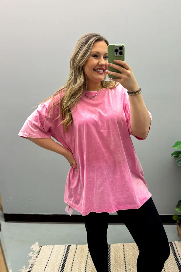 What You Are Oversized Acid Wash Top Candy Pink Zenana Necklaces