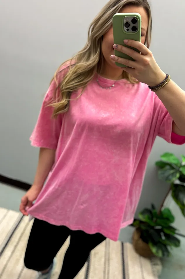 What You Are Oversized Acid Wash Top Candy Pink Zenana Necklaces