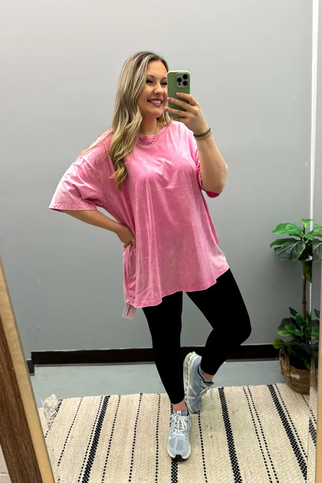 What You Are Oversized Acid Wash Top Candy Pink Zenana Necklaces
