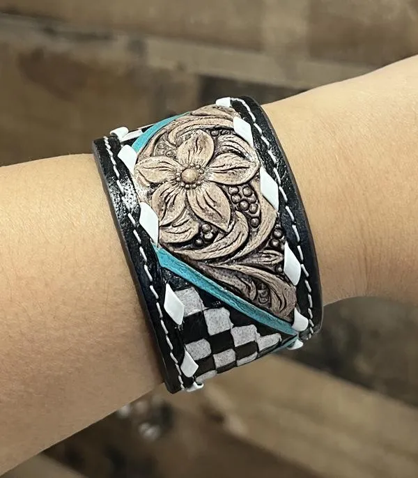 YKT WESTERN LEATHER TOOLING BRACELET BLACK Bracelets
