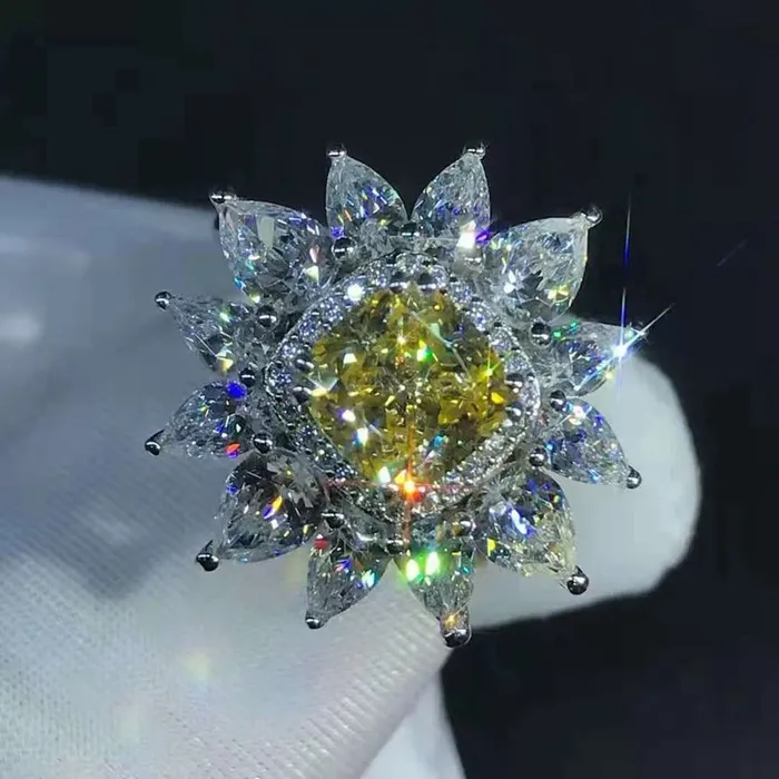 2 Carat Cushion Cut Moissanite Ring Vivid Yellow VVS 13 Stone Double Halo Starburst Leyloon Jewelry Rings