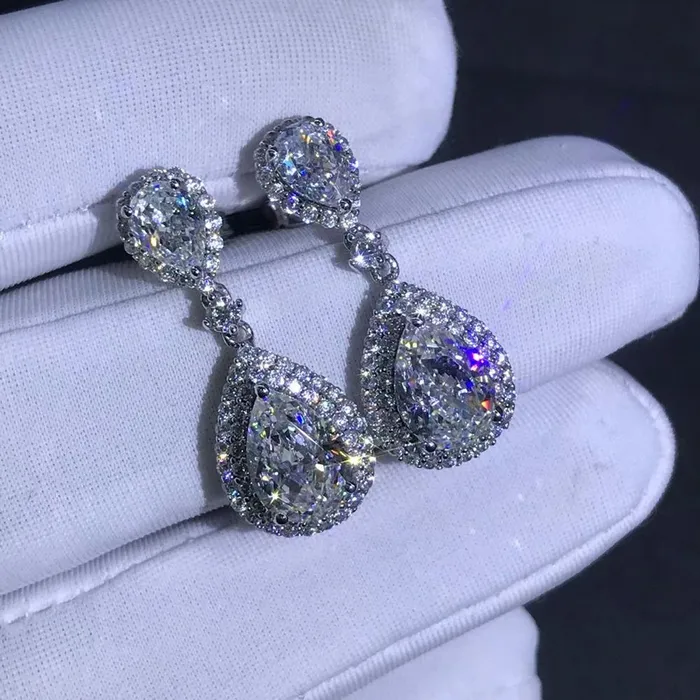 3 Carat Pear cut Colorless Double Halo Moissanite Dangling Earrings Leyloon Jewelry Earrings