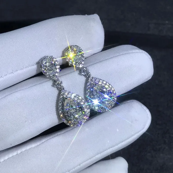 3 Carat Pear cut Colorless Double Halo Moissanite Dangling Earrings Leyloon Jewelry Earrings