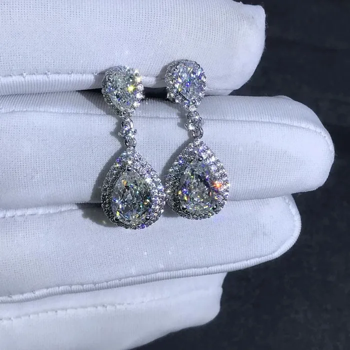 3 Carat Pear cut Colorless Double Halo Moissanite Dangling Earrings Leyloon Jewelry Earrings