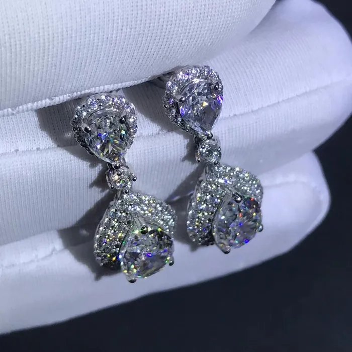 3 Carat Pear cut Colorless Double Halo Moissanite Dangling Earrings Leyloon Jewelry Earrings