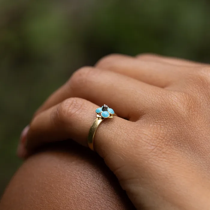 Antique Rings Victorian Blue Enamel ForgetMeNot Diamond and 18K Gold Ring