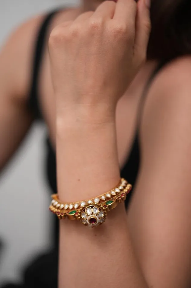 Attrangi Jigyasa Gokhru Gold Kada Bracelet with Pearl Jhaalar Sone Pe Suhaga Bracelets