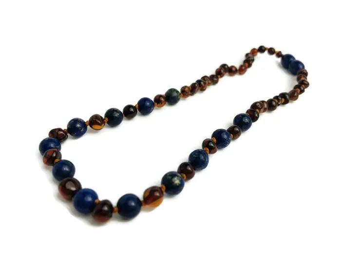 Baltic Essentials Necklaces ADHD Teething Inflammation Polished Cognac Lapis Lazuli Baltic Amber Necklace Baltic Essentials Necklaces ADHD Teething Inflammation Polished Cognac Lapis Lazuli Baltic Amber Necklace