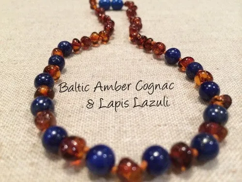 Baltic Essentials Necklaces ADHD Teething Inflammation Polished Cognac Lapis Lazuli Baltic Amber Necklace