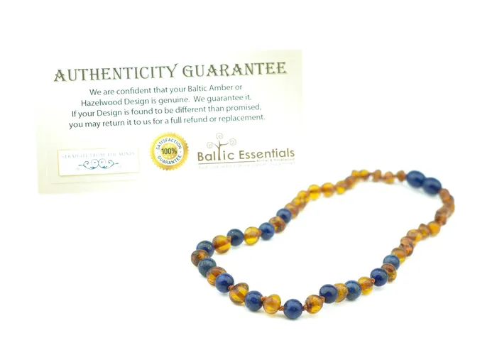 Baltic Essentials Necklaces ADHD Teething Inflammation Polished Cognac Lapis Lazuli Baltic Amber Necklace