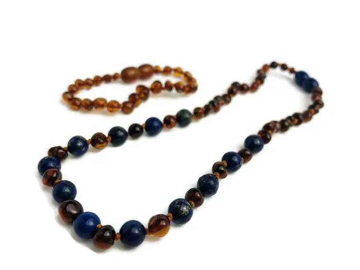 Baltic Essentials Necklaces ADHD Teething Inflammation Polished Cognac Lapis Lazuli Baltic Amber Necklace