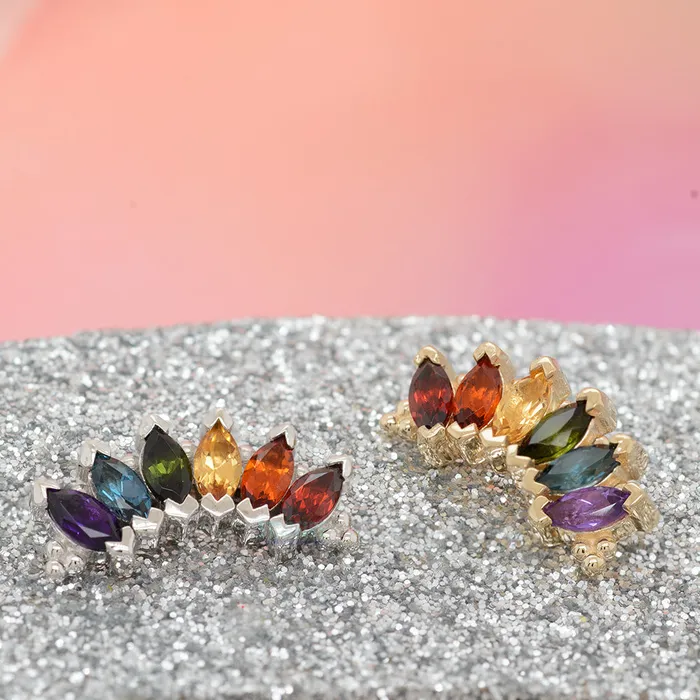Body Vision BVLA Earrings 6 Gem Marquise Panaraya Threaded End in Gold Rainbow 2 with Genuine Gemstones