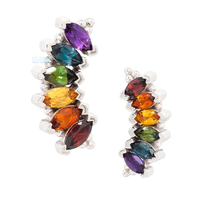 Body Vision BVLA Earrings 6 Gem Marquise Panaraya Threaded End in Gold Rainbow 2 with Genuine Gemstones