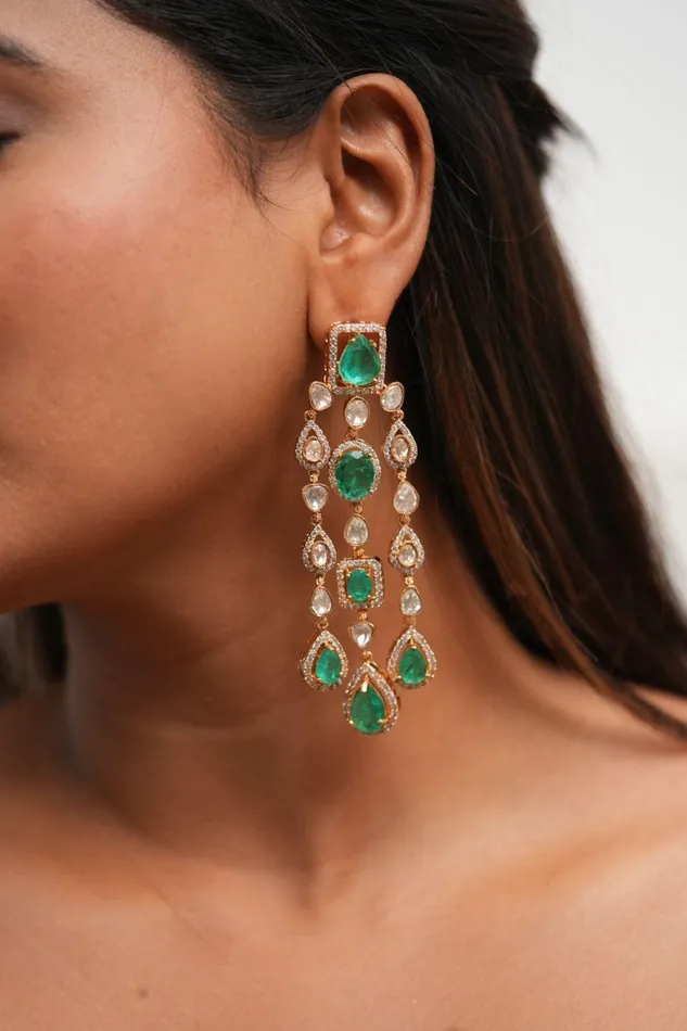 Dia Moissanite Russian Emerald Long Indian Dangler Earrings Attrangi Earrings Dia Moissanite Russian Emerald Long Indian Dangler Earrings Attrangi Earrings