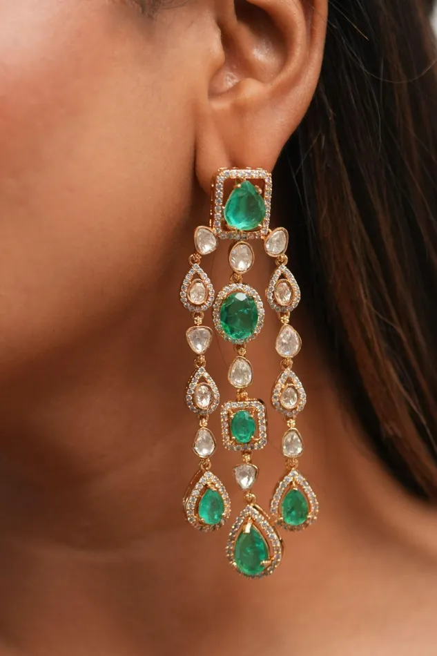 Dia Moissanite Russian Emerald Long Indian Dangler Earrings Attrangi Earrings Dia Moissanite Russian Emerald Long Indian Dangler Earrings Attrangi Earrings