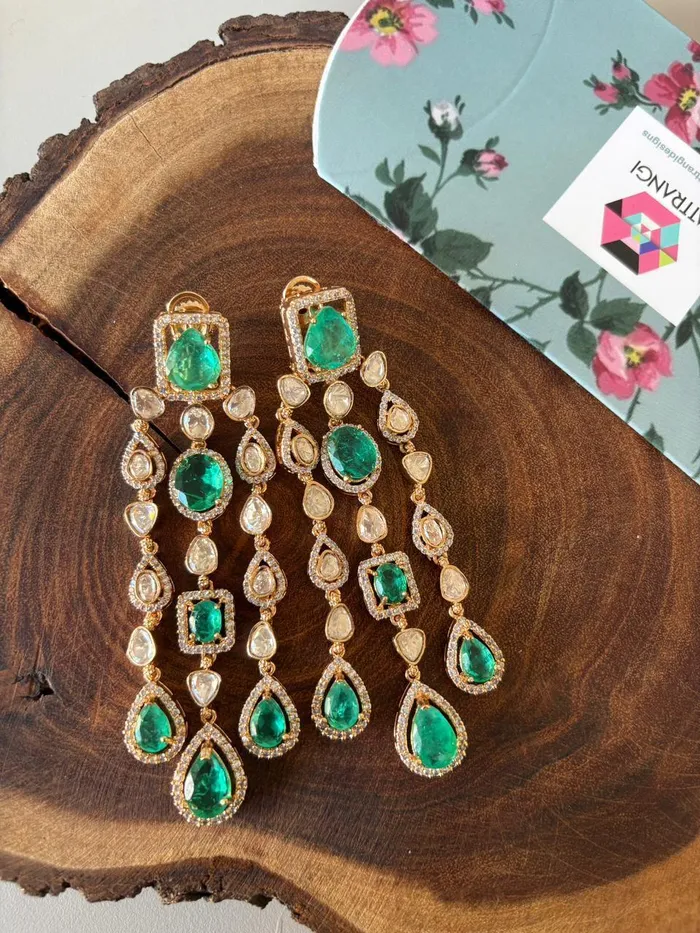 Dia Moissanite Russian Emerald Long Indian Dangler Earrings Attrangi Earrings Dia Moissanite Russian Emerald Long Indian Dangler Earrings Attrangi Earrings