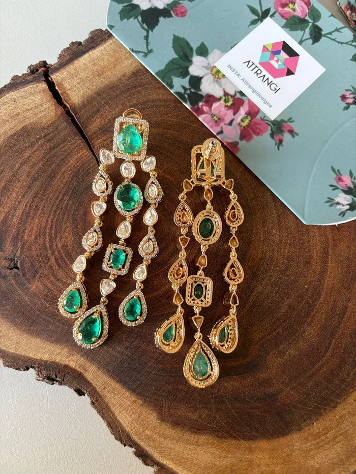 Dia Moissanite Russian Emerald Long Indian Dangler Earrings Attrangi Earrings Dia Moissanite Russian Emerald Long Indian Dangler Earrings Attrangi Earrings