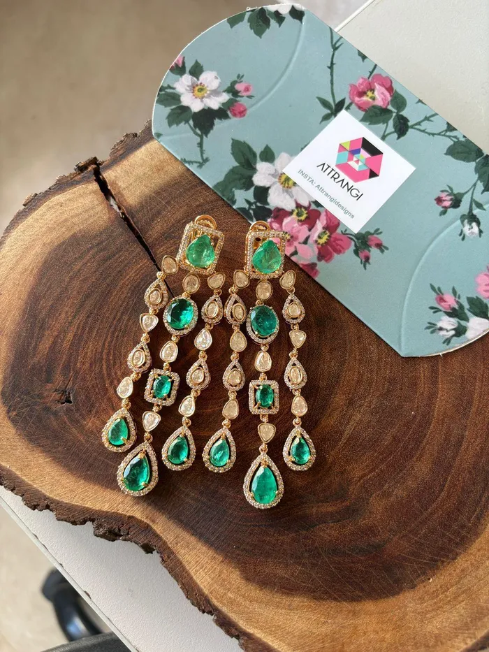 Dia Moissanite Russian Emerald Long Indian Dangler Earrings Attrangi Earrings Dia Moissanite Russian Emerald Long Indian Dangler Earrings Attrangi Earrings