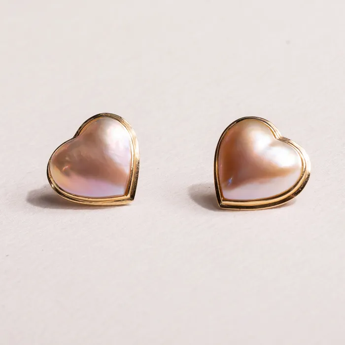 Earrings Heart Shaped Mabe Pearl and 14K Gold Earrings Vintage