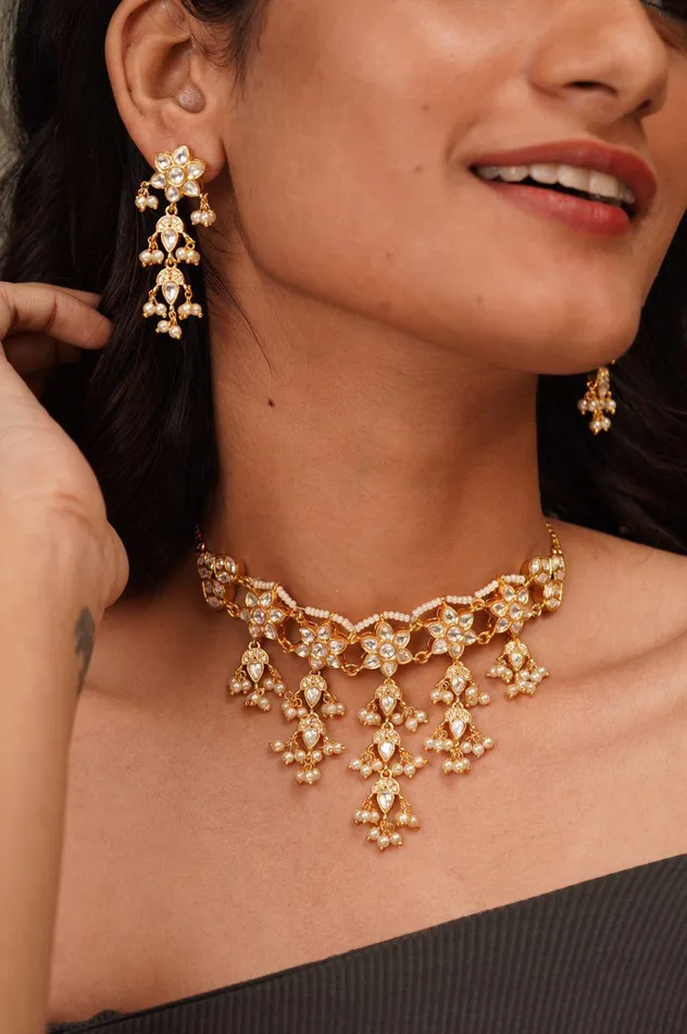 Earrings Jhilmil Small Jhaalar Polki Choker Set Attrangi
