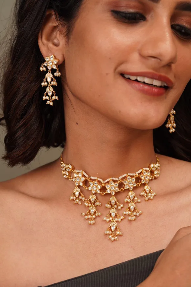 Earrings Jhilmil Small Jhaalar Polki Choker Set Attrangi