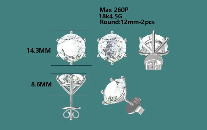 Earrings Leyloon Jewelry 13mm 4Prong Round Cut Stud D Colorless Moissanite Earrings Custom Order