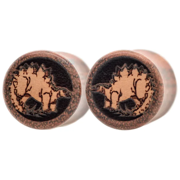 Earrings Omerica Organic Stegosaurus Dinosaur Wood Inlay Plugs