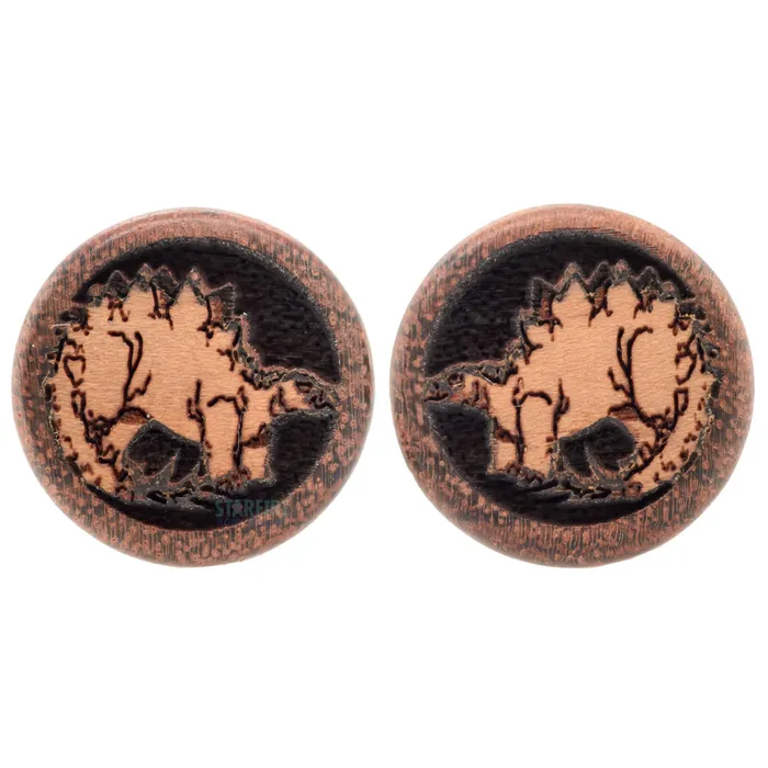 Earrings Omerica Organic Stegosaurus Dinosaur Wood Inlay Plugs