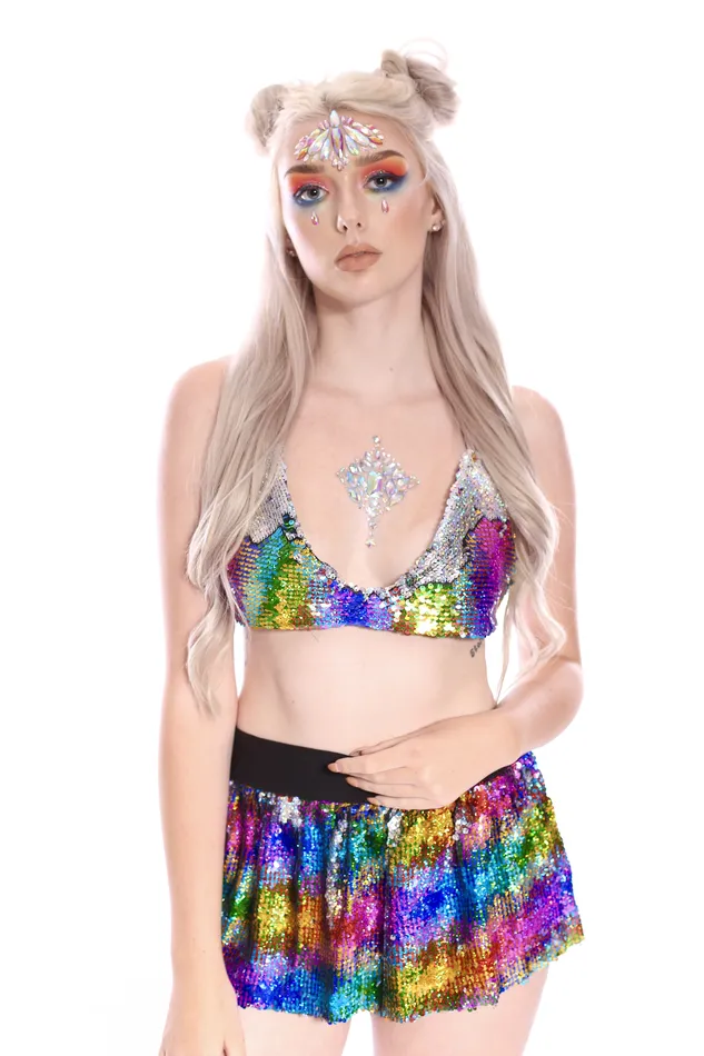 Earrings Reversible Sequin Set Bralette Skirt Dreamy Rainbow THE LUMi SHOP