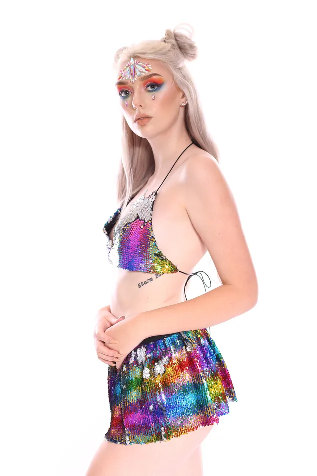 Earrings Reversible Sequin Set Bralette Skirt Dreamy Rainbow THE LUMi SHOP