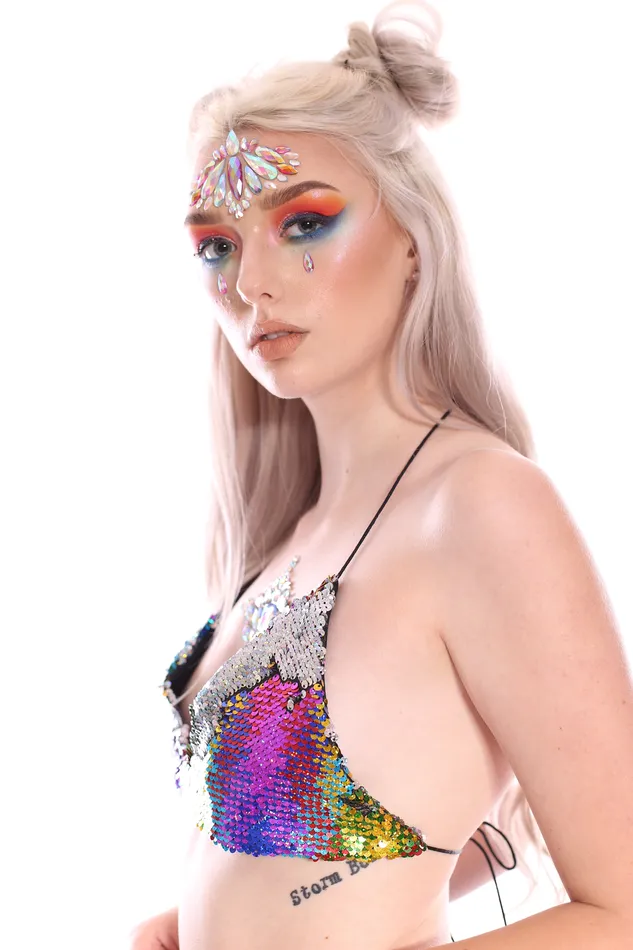 Earrings Reversible Sequin Set Bralette Skirt Dreamy Rainbow THE LUMi SHOP