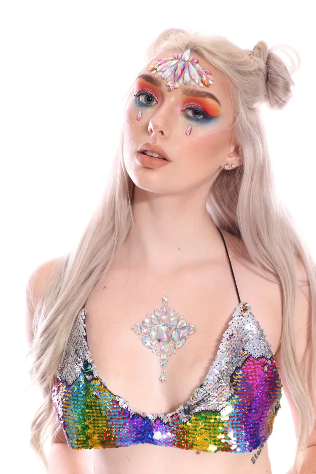 Earrings Reversible Sequin Set Bralette Skirt Dreamy Rainbow THE LUMi SHOP