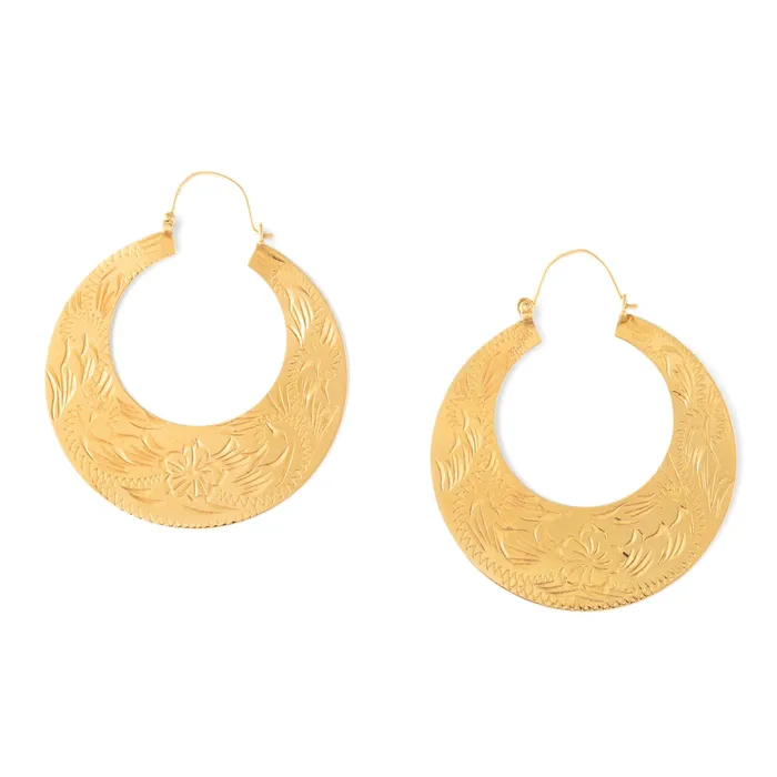 Earrings Vintage Large 14k Gold Engraved Floral Hoop Earrings