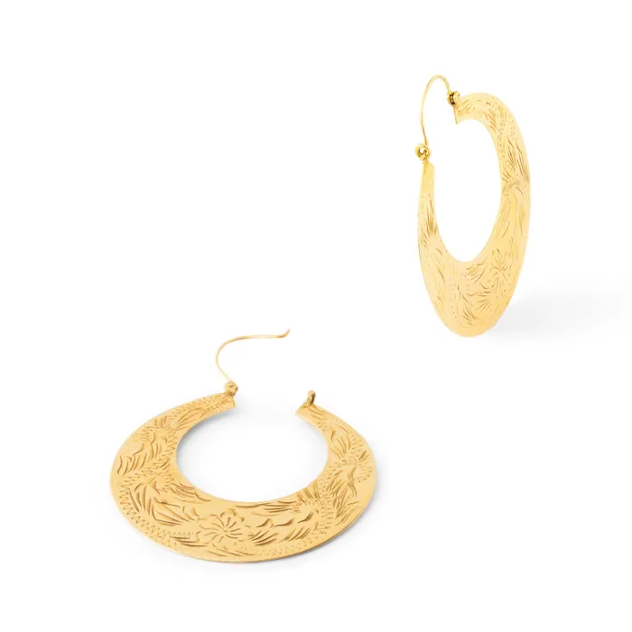 Earrings Vintage Large 14k Gold Engraved Floral Hoop Earrings